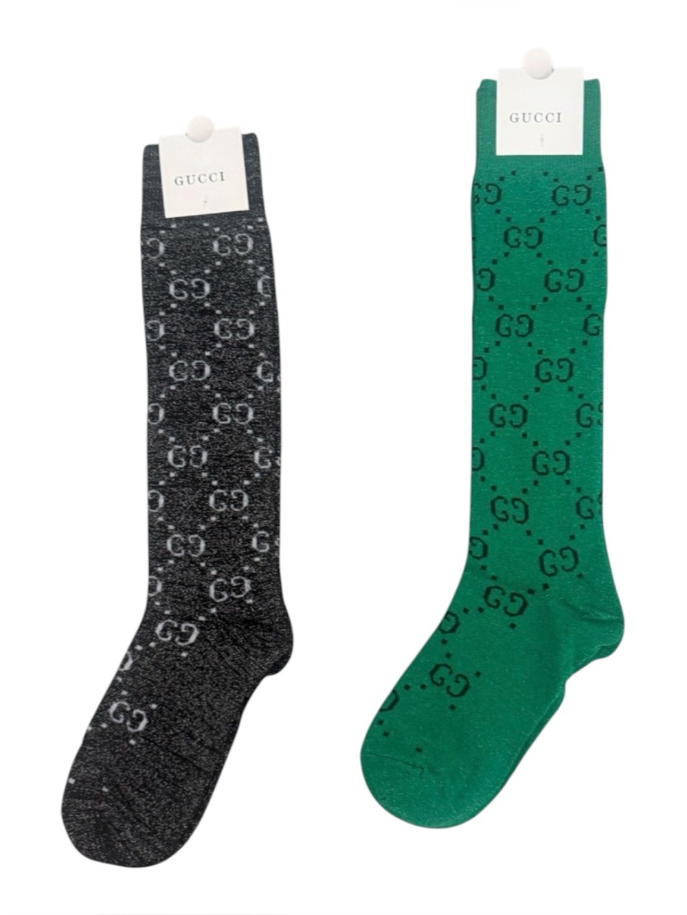 2 Pair Gucci Outlet Women’s Logo Socks - Green and Black